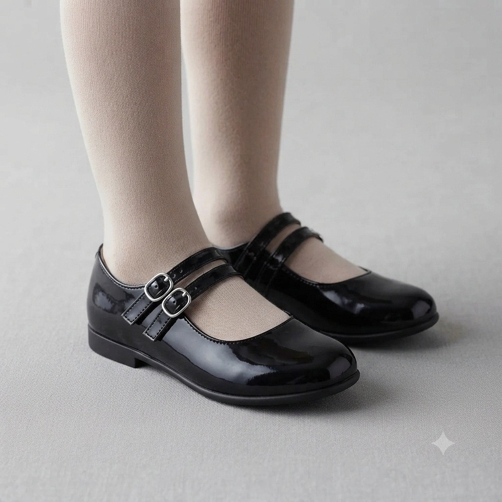 Christie & Jill Shoes Gorls 4 M Dahlia Black Patent Double Strap Mary Jane Flats